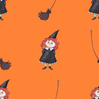 Küçük Kızıl Cadı ve Süpürgeli Turuncu Arkaplanda Şirin Cadılar Bayramı Kusursuz Şablonu. Kağıt ve Tekstil için Yazdır