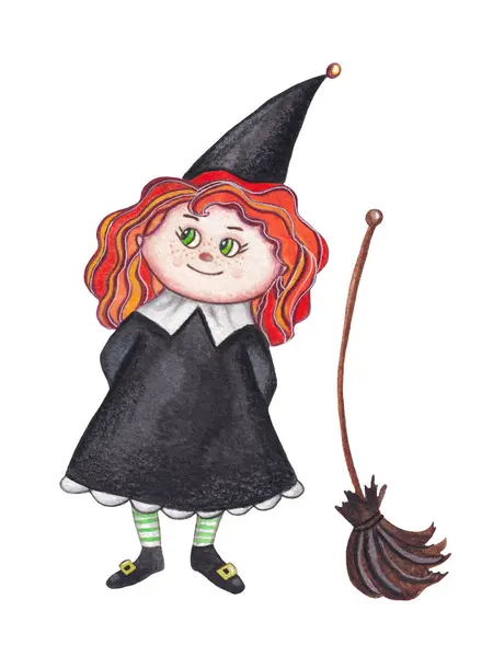 Illustration Cute Cartoon Witch Broom Print Paper Textile — Stock Photo, Image