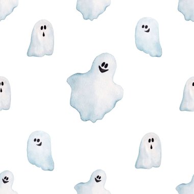  Suluboya Cadılar Bayramı Kusursuz Şablon ve El Çizimi Hayaletleri. Tatlı Hayalet Duvar Kağıdı. Paket Kağıdı ve Tekstil için Yazdır