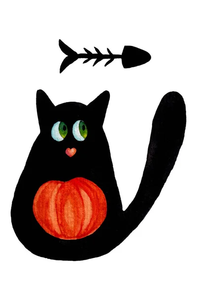 Kırmızı Balkabağı Balık Skeleti Olan Kara Kedi Cadılar Bayramı Çizimi — Stok fotoğraf