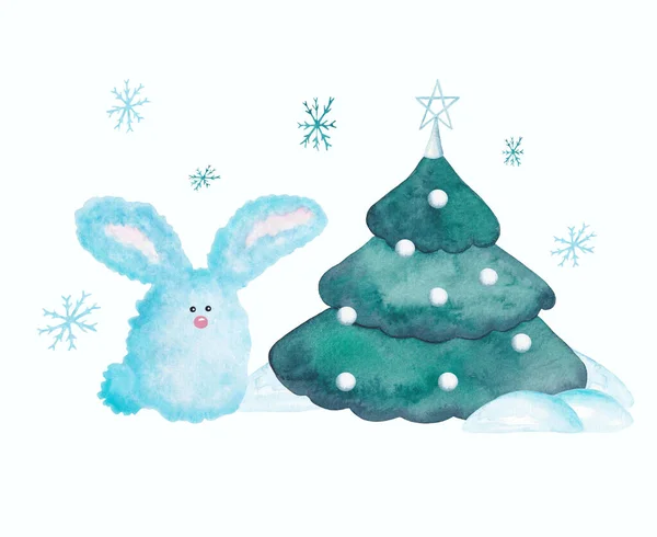 Suluboya Kar Tavşanı ve Noel Ağacı ile Noel kartı. Yeni Yıl Tavşan Karakteri Çizimi