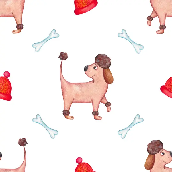 Watercolor Seamless Pattern with Cartoon Dog and Bones. Print with Poodle for Paper and Textiles