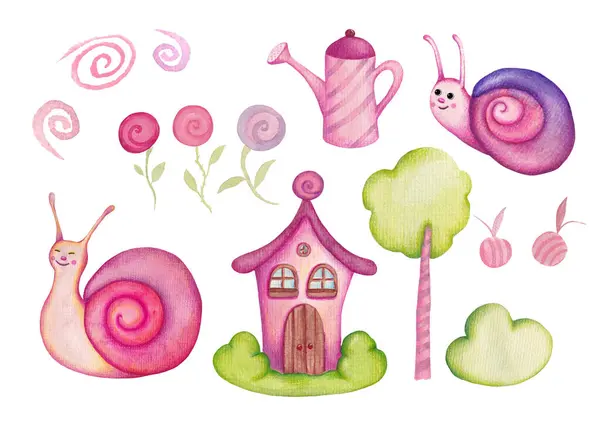Set of Hand Drawn Watercolor Illustrations of Cute Cartoon House, Snails, Plants and Watering Can. Pink Garden Clip Art. Stickers