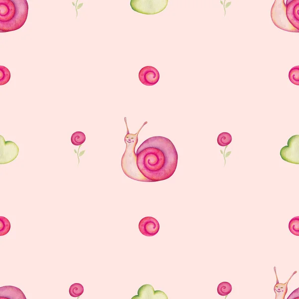 Watercolor Seamless Pattern with Pink Cartoon Snail and Roses. Hand Drawn Cute Garden Pastel Print for Paper and Textile. Wrapping Paper