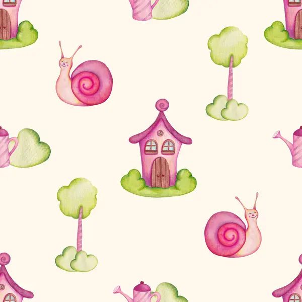 Seamless Pattern with Watercolor Hand Drawn Pink Snail and House and Garden. Wrapping Paper Cute Ornament. Cartoon Snails Wallpaper. Print for Paper and Textile