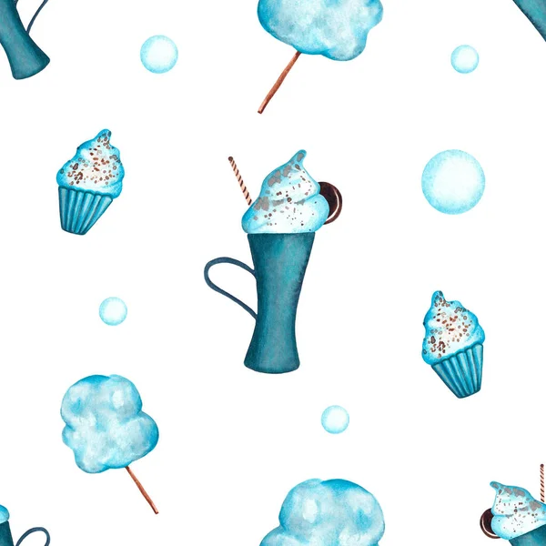 Watercolor Pattern with Sweets. Hand Painted Illustration. Blue and White  Background with Sweet  Food. Print for Paper and Textile