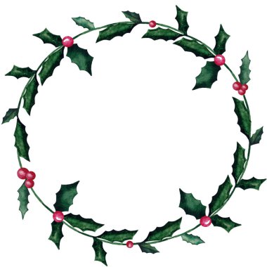 Bereli Holly 'nin suluboya Noel çelengi. Kış Tatilleri için yücelik. Kağıt ve Tekstil için yeni yıl baskısı. El Çizimi Tatil Resmi