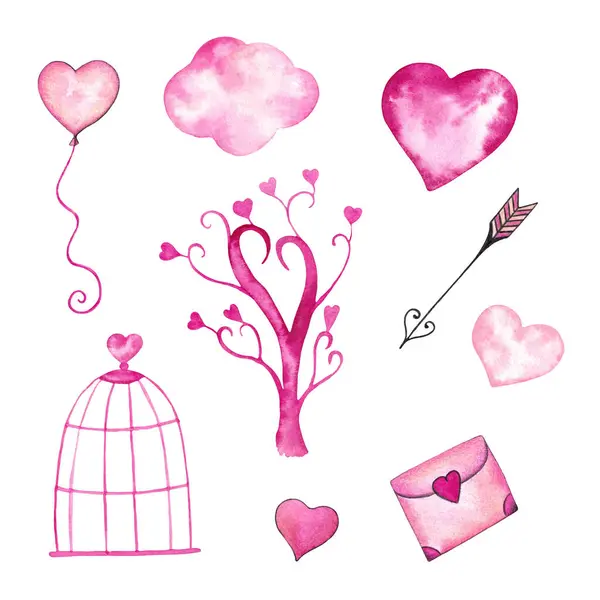 Suluboya pembe kalpler seti, kuş kafesi, kalp şeklinde balon ve aşk ağacı. Sevgililer Günü için Clip Art. El Çizimi Romantik Elementler