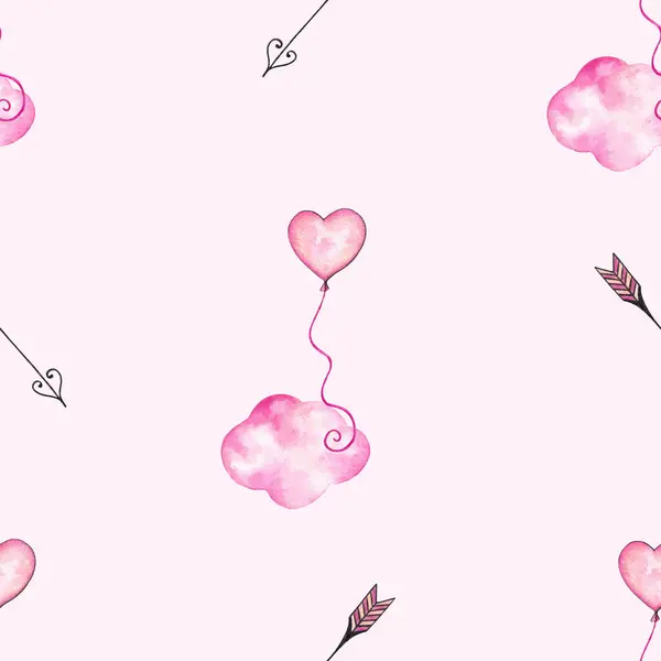 Pembe Kalp Şekilli Balon ve Bulutlu Kusursuz Desen. Aşk Sembolleri ile Romantik Arka plan. Çiçek duvar kağıdı. Paket Kağıdı