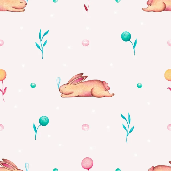 Seamless Pattern with Hand-Drawn Sleeping Bunny and Plants. Background with Cute Rabbits and Flowers. Children\'s print for Paper and Textiles with a Hare. Wrapping Paper with Rabbit