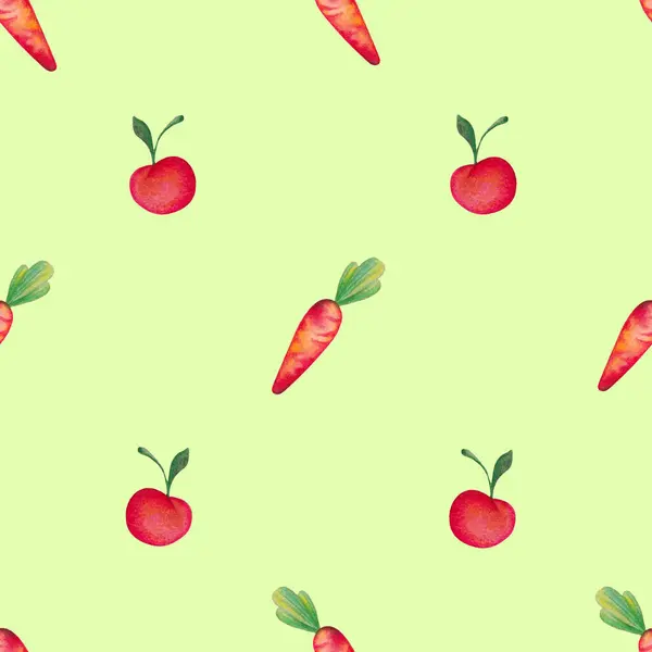 Seamless Pattern with Watercolor Apples and Carrots on a Green Background. Wallpaper with Vegetables and Fruits. Wrapping Paper. Print for Paper and Textile