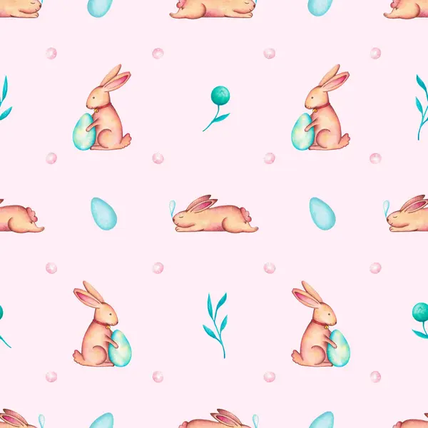Seamless Pattern with Sitting and Sleeping Bunnies with Eggs and Flowers on a Pink Background. Easter Wrapping Paper. Wallpaper with Rabbits. Children\'s Print for Paper and Textile with Hares