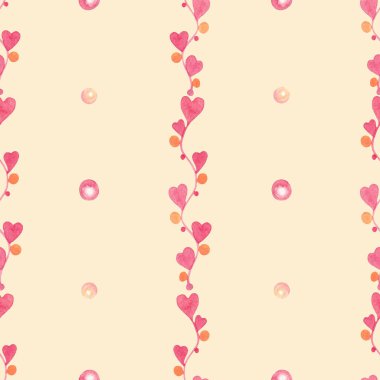 Suluboya Pembe Kalpler Dallarda, Kabarcıklar Pastel Arkaplanda. Romantik Duvar Kağıdı. Kağıt ve Tekstil için Yazdır