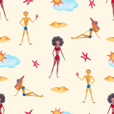Elle çizilmiş güneşlenme ve yaz plajında soyut insanları rahatlatma desenli kusursuz desenler. Summer Time Vibes ile arka plan. Paket Kağıdı