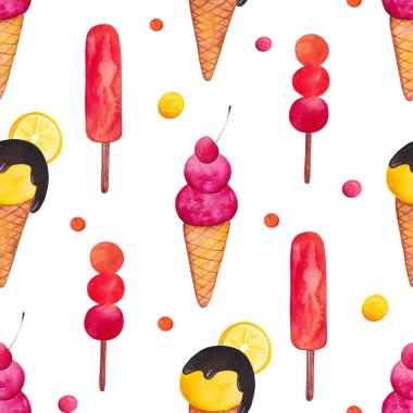 Pembe ve sarı dondurma külahlı ve buzlu kusursuz desenli. Buzlu kağıt ve tekstil için el çizimi canlı baskı. Parlak Yaz Arkaplanı