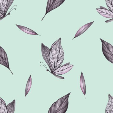 Elle çizilmiş, kusursuz desenli soyut kelebekler ve söğüt yaprağı. Kağıt ve Tekstil Bitkileriyle Yazdır. Yaprak Resimleriyle Mavi Arkaplan. Botanik Süslemesi