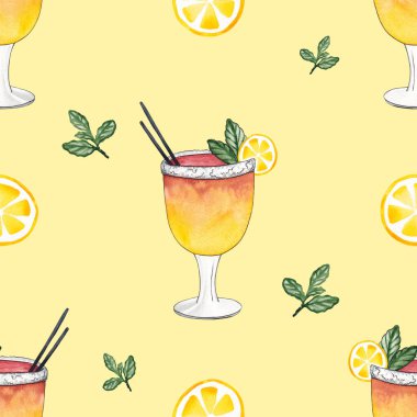 Sulu Boyalı El, Limonlar ve Nane Şekerleriyle Sarı Kokteyl. Yaz İçkileri ve Citrus Fruits ile arka plan. Yaz zamanı Duvar Kağıdı