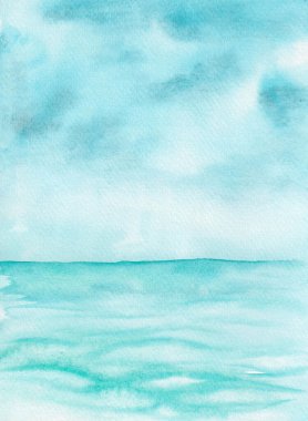 Blue Water ve Misty Sky 'ın suluboya çizimi. El yapımı Foggy Seascape. Doku Kağıdındaki Dalgaların Görüntüsü