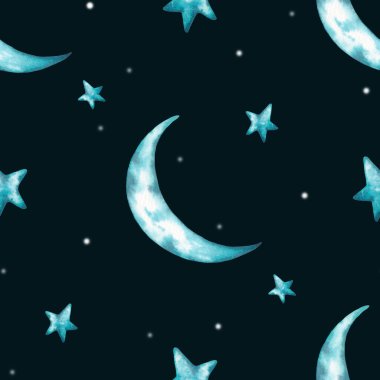 Suluboya Mavi Hilal ve Yıldızlı Kusursuz Desen. Karanlık Bir Arkaplanda El Çizimi Ay. Gece Gökyüzü Duvarkağıdı. Kağıt ve Tekstil için Çocuk Yazıcısı
