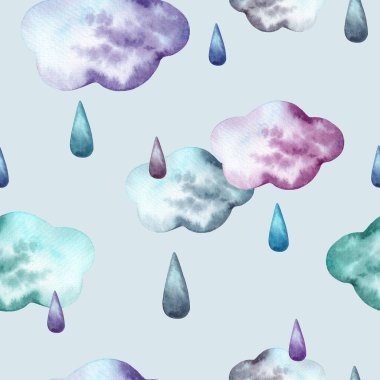 Sulu Renkli Bulutlar ve Yağmurlu Kusursuz Desen. El Kaplama Yağmurlu Arkaplan. Kötü Hava Duvar Kağıdı. Kağıt ve Tekstil için Çocuk Yazıcısı