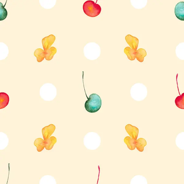 Turkuaz kirazlı ve sarı çiçekli kusursuz desenli. Duvar kağıdı Summer. Yiyeceklerle ilgili bir geçmiş. Kağıt ve Tekstil için böğürtlenli çiçek baskısı. Paketleme