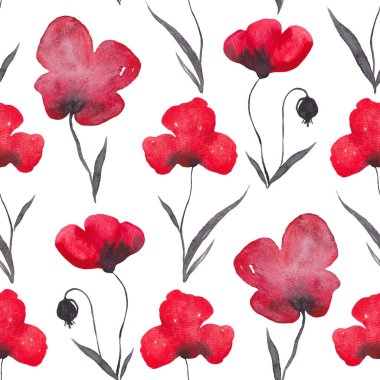 Suluboya kırmızı gelincikli kusursuz desen. Kırmızı kır çiçekleri duvar kağıdı. Çiçek Özgeçmişi. Kağıt ve Tekstil Bitkileriyle Yazdır. Paketleme