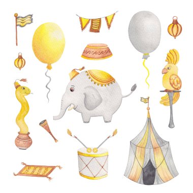 Sarı ve Gri Renkli Sirk Hayvanları ile suluboya set. Fil, Yılan ve Papağanlı Klip Sanatı. Tasarım ve Çizim Defteri için Tatil Ögeleri