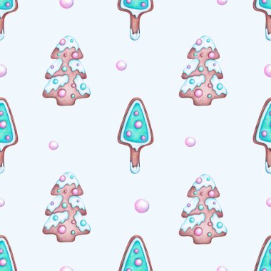 Mavi üzerine tatlı zencefilli Noel ağacı çizilmiş, kusursuz desenli el çizimi. Kış Tatilleri için arka plan. Yeni yıl duvar kağıdı. Kağıt ve Tekstil için baskı. Paket Kağıdı