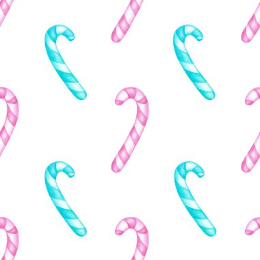 Pembe ve Mavi Noel Bastonlu El Çizimi Kusursuz Desen. Kış Tatilleri için arka plan. Yeni yıl duvar kağıdı. Kağıt ve Tekstil için baskı. Paket Kağıdı