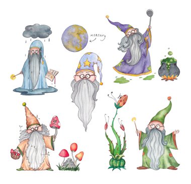 Mercury Retrograd Dönemi 'nde Clip Art with a Wizard in the Mercury Retrograde period. Her şeyin ters gittiği bir büyücünün çıkartması. Çocuklar için Çizimler