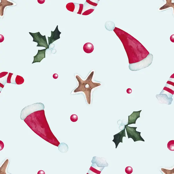 Noel Baba Şapkası, zencefilli kurabiye ve ökseotlu Noel aromalı el boyası. Kış Tatil Arkaplanı. Paket Kağıdı ve Tekstil için Yazdır