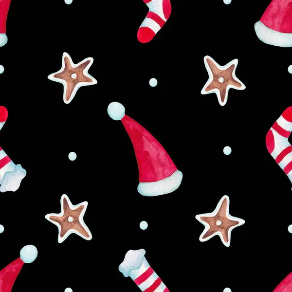 Noel Baba Şapkası, Çizgili Çorap ve Zencefilli Kurabiyeli El Boyası Noelsiz Şablon. Kış Tatil Arkaplanı. Paket Kağıdı ve Tekstil için Yazdır