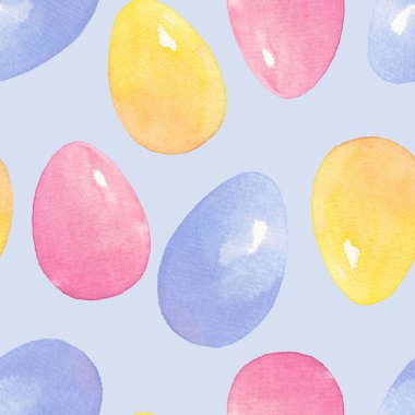Mavi, Sarı ve Pembe renklerde suluboya Paskalya yumurtaları olan kusursuz desenler. Suluboya arka plan. Paket Kağıdı için Yazdır.