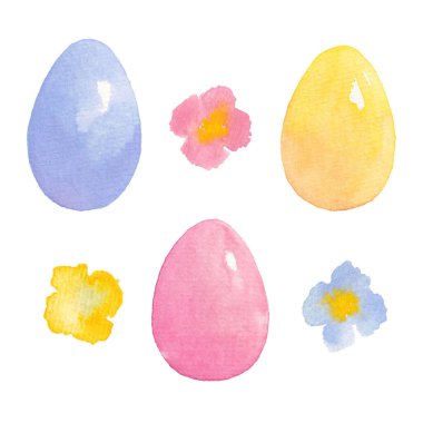 Paskalya Yumurtaları ve Çiçekleri suluboya. Clip Art with Festive Spring Elements