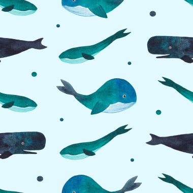 Mavi Balinalar ve Sperm Balinalı El Çekimi Kusursuz Desen. Suluboya arka plan. Deniz Hayvanları Duvar Kağıdı. Deniz Süslemesi