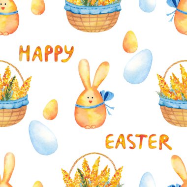 Renkli Yumurtalar ve Tavşanlarla Mutlu Paskalyalar. Suluboya süsü. Tatil Paket Kağıdı. Kağıt ve Tekstil için Festivalsel Yazdırma