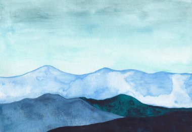 Mavi Dağların Suluboya Çizimi. El çizimi dağ manzarası. Doğa Resmi.