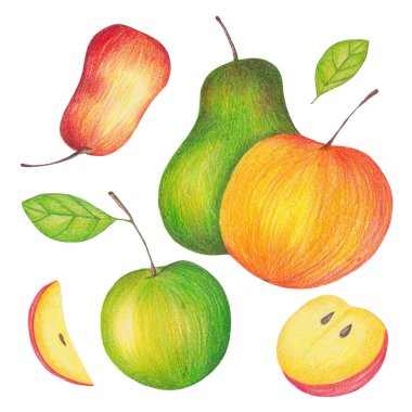 Elmalı ve armutlu el çizimi kalem seti. Yeşil ve Kırmızı Meyveli Klip Sanatı.