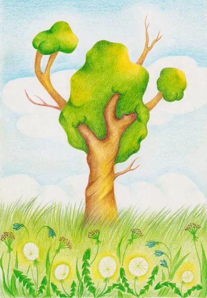 Çiçeklerle Meadow 'daki Yeşil Karikatür Ağacı' nın El Çizimi Çizimi İllüstrasyonu. Yaz Doğası 'nın resmi. Bitkilerle Parlak Kartpostal