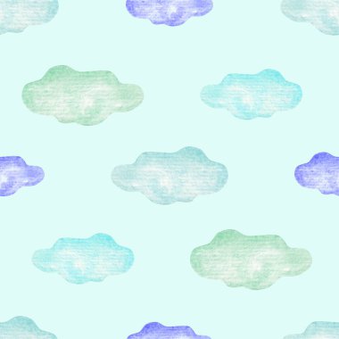 Mavi arka planda suluboya bulutları olan kusursuz bir desen. Paket kağıdı ve tekstil için bulut baskısı.