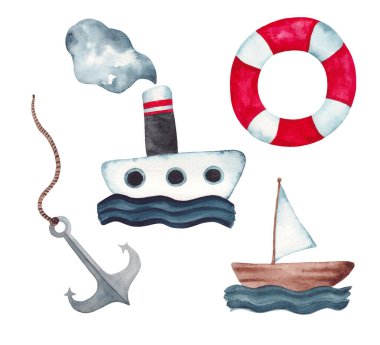 Ship, Steamboat, Lifebuoy ve Anchor ile El Resimli Suluboya Klip Sanatı. Deniz Ürünleri Çizimleri