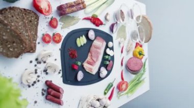 Taze domuz eti ve taze sebzelerle çevrili plastik doğrama tahtasındaki baharatlar. Mutfakta ev yapımı çorba malzemeleri.