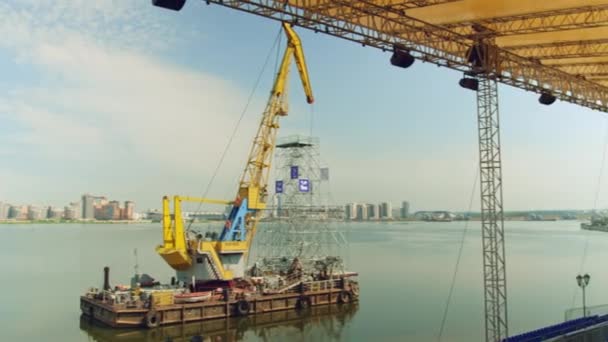 Burung Bangau Kuning Mengambang Platform Tebal Membangun Menara Penyelam Permukaan — Stok Video