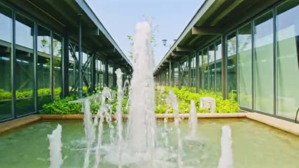 Working Fountain Yellow Flowerbed Spacious Rooms Ready Repair Preparation Rooms — Stock Video