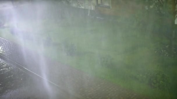 Rossa Femmina Precipita Giù Strada Illuminata Vuota Sotto Pioggia Battente — Video Stock