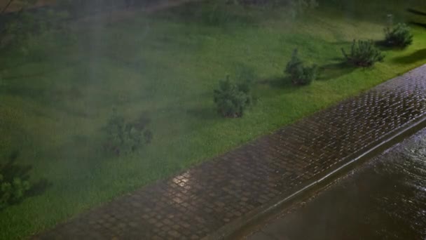 Ciężki Deszcz Pada Drodze Brukowanej Chodnika Trawnik Pustej Oświetlonej Ulicy — Wideo stockowe