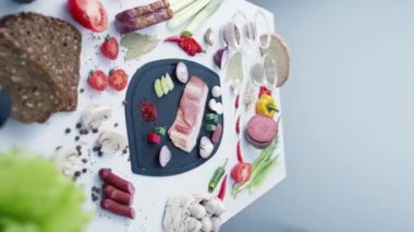 Plastik kesim tahtası, doğranmış et ve taze sebzeler mutfakta. Sandviç malzemeleri ile çevrili siyah doğrama tahtası.