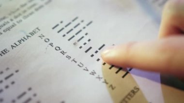 Adam Mors alfabesinin harflerini eğitim kitabının sayfasına işaret ediyor. Erkek kişi telgraf çekerek iletişim kurmayı öğreniyor.