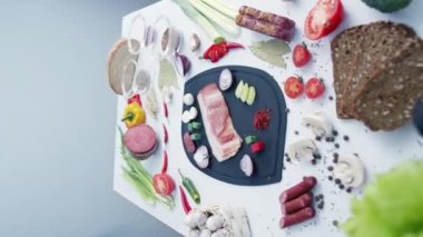 Sıcak mutfakta ev yapımı çorba için doğranmış sebzelerle çevrili taze et. Sebzeler ve baharatlar masadaki kesim tahtasının üzerinde.