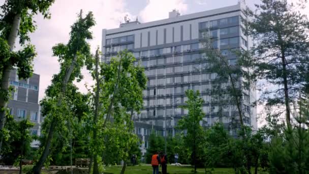 Gräsmatta Arbete Synligt Från Flera Våningar Byggnad Stadsparken Stadsarbetare Förädla — Stockvideo